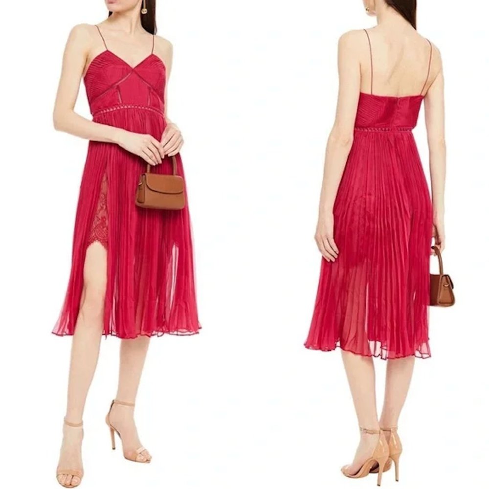 Self-Portrait Pleated Lace and Chiffon Midi Dress Fuchsia Red size 6